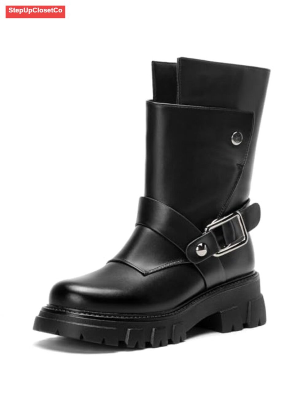Women Gothic Combat Boots Black Motorcycle Ankle Boots Faux Leather